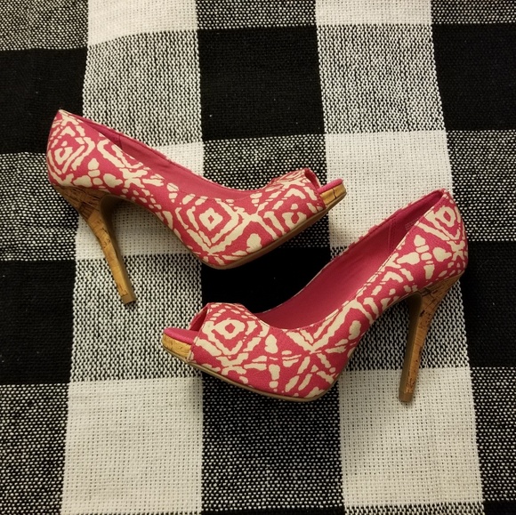 red patterned heels